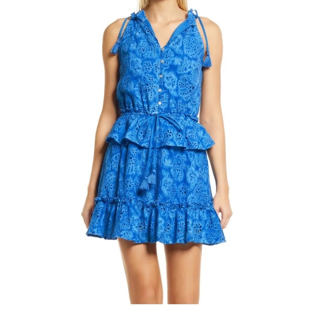 BTFL-life Women’s Blue Tie Dye Ruffle Mini Dress Eyelet Shoulder Tie